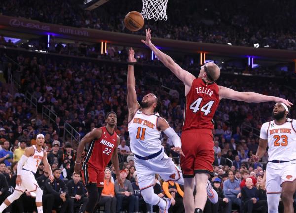 Knicks guard Jalen Brunson (11) shoots against the Heat in Game 1 of the second round on April 30, 2023.