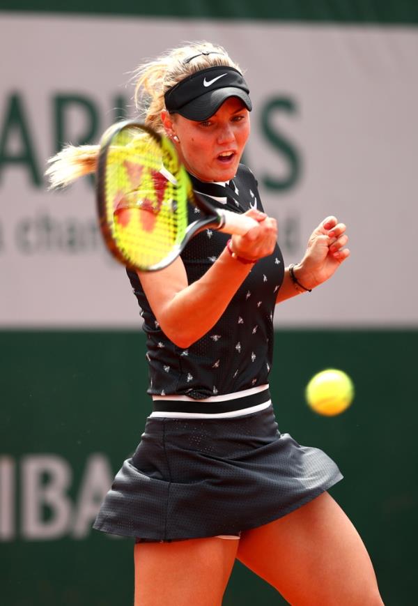 Sofya Zhuk of Russia in her ladies singles first round match against Laura Siegemund of Germany during Day 1 of the 2019 French Open at Roland Garros on May 26, 2019 in Paris, France. 