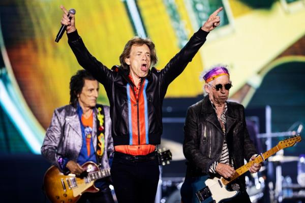 Ron Wood, Mick Jagger and Keith Richards of The Rolling Sto<em></em>nes perform in July 2022. 